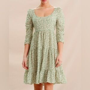 BY TIMO Green Garden Floral Print Jacquard Woven Viscose Tiered Dress XS